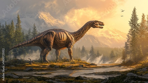 Ancient, massive herbivore roaming a scenic, mountainous landscape