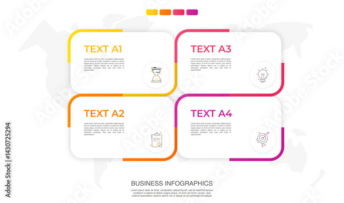 Modern vector infographic template with rectangles, elements in minimalist design. Use for presentations, business processes, interface, data visualization, marketing strategies with 4 steps.