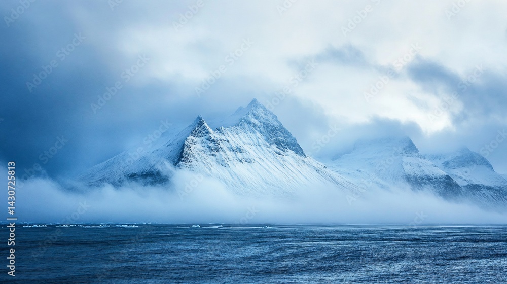 Fototapeta premium Majestic snow-covered mountains shrouded in mist near the cold ocean, a serene landscape