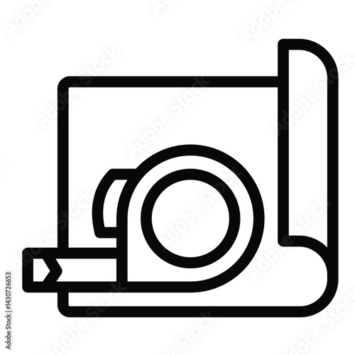 Project paper and measuring tape line icon, architect studio concept. Vector graphics. Ruler reel with project, paperwork sign on white background, style mobile or design.
