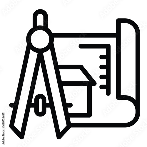 Drawing compass and house project line icon, architect studio concept. Vector graphics. Compass with building plan, paperwork sign on white background, style mobile or design.
