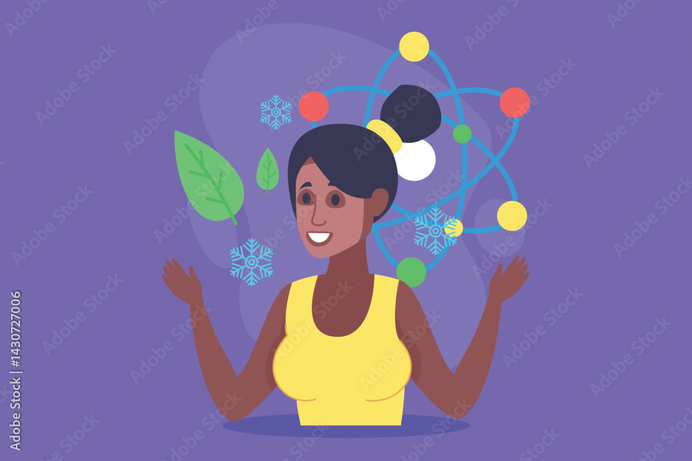 Confident figure with joyful smile, surrounded by elements of nature and science. Connection between beauty, environment knowledge concept