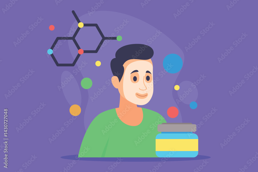 Man applying face mask with jar of skincare product beside him at chemical symbol