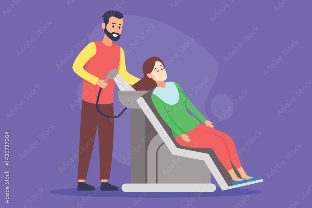 Smiling woman reclining in salon chair as stylist gently washing her hair in serene atmosphere