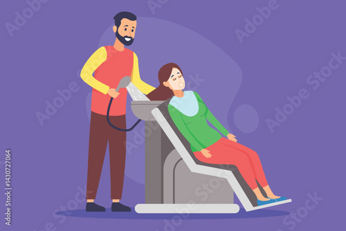 Obraz na płótnie Smiling woman reclining in salon chair as stylist gently washing her hair in serene atmosphere w salonie