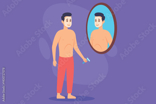 Man standing shirtless in relaxed pose, holding razor while admiring his reflection in mirror. Grooming activity concept