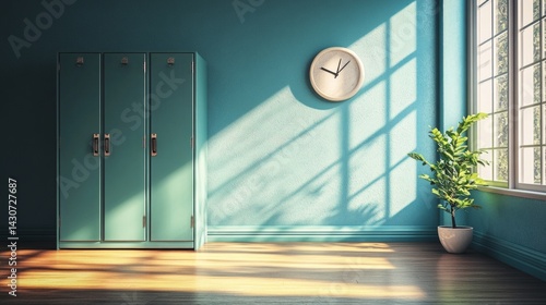 Bright room with blue walls, lockers, clock and plant by window. For interior design, advertising furniture, creating a cozy atmosphere.