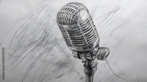 Detailed pencil sketch of a classic vintage microphone, capturing its iconic form and details