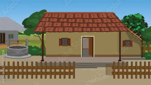 Rural house vector illustration for cartoon animation.An Indian house with a red roof and a well in front of it. The house has a wooden fence around it