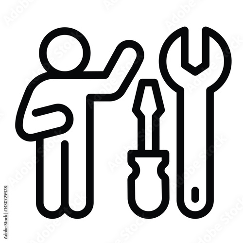 Wrench with screwdriver and man line icon, repair service concept. Vector graphics. Repair tools and human sign on white background, style mobile or design.