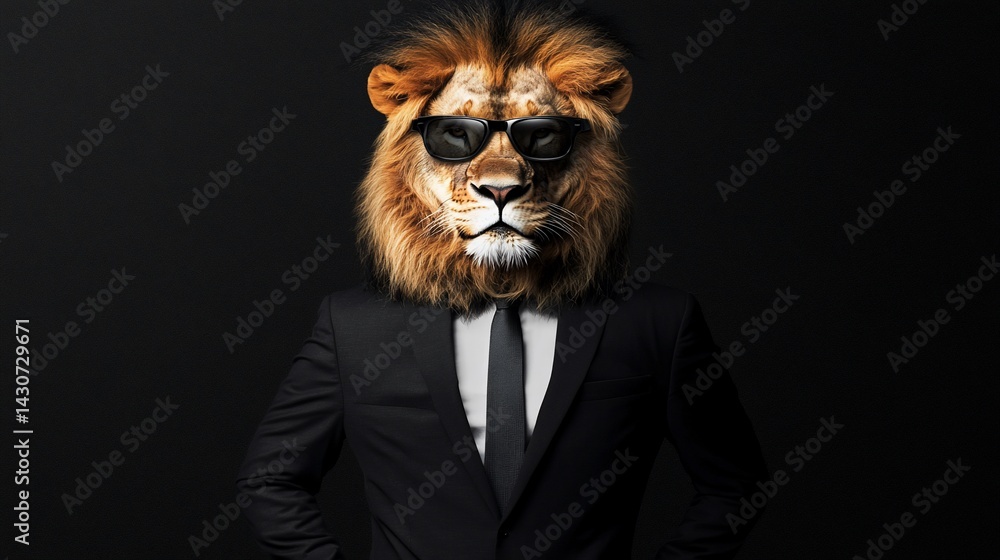 Lion head man in suit, black background, sunglasses, posing Lion head man in suit, black background, sunglasses, posing
