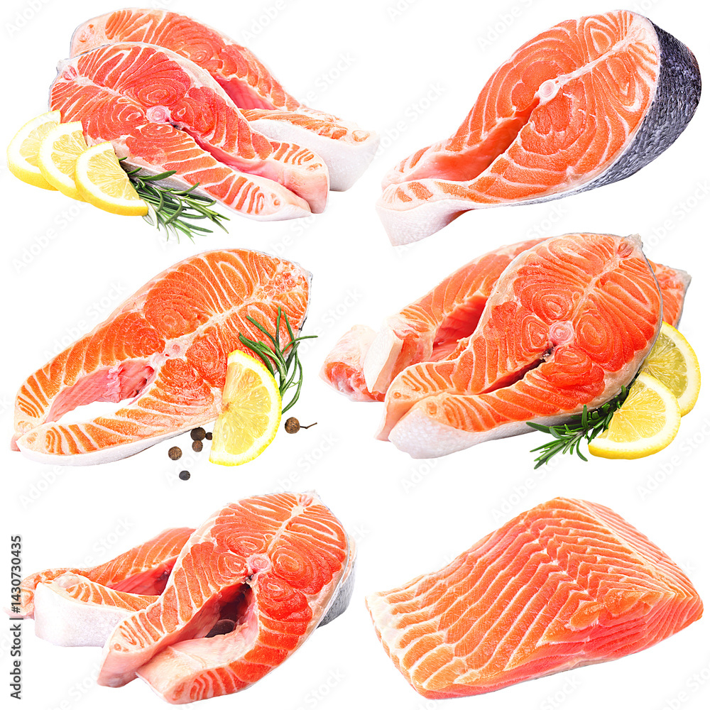 Set of fresh salmon isolated