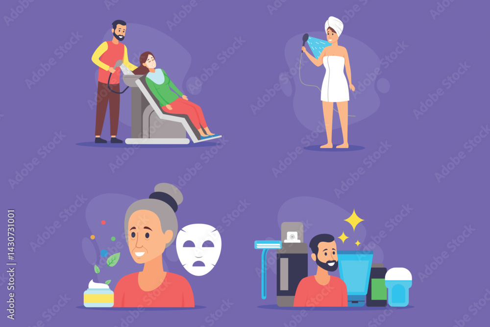 Professional providing relaxing treatment to client in reclined chair while another person, wrapped in towel, preparing facial mask in spa. Various beauty products surrounding them Professional providing relaxing treatment to client in reclined chair while another person, wrapped in towel, preparing facial mask in spa. Various beauty products surrounding them
