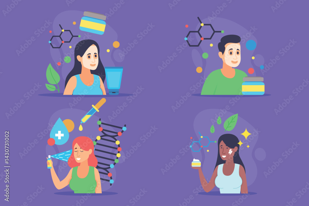 Collection of individuals engaging in skincare routines and wellness activities. From applying products to mixing potions. Beauty and health enhancement concept