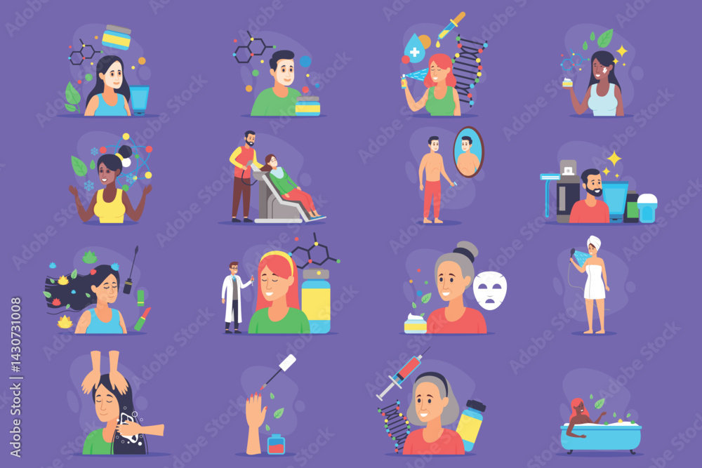 People engaged in various beauty and self-care activities. Skincare routines, hair treatments, and health consultations. Holistic approach to beauty concept