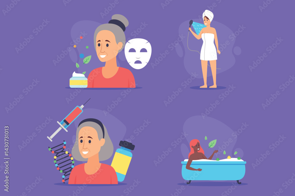 Beauty collection with skincare routines, spa activities, and self-care treatments. Relaxation and wellness practices enhancing personal care concept