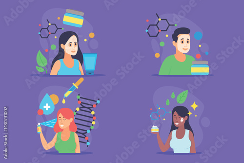 Obraz na płótnie Collection of individuals engaging in skincare routines and wellness activities. From applying products to mixing potions. Beauty and health enhancement concept w salonie