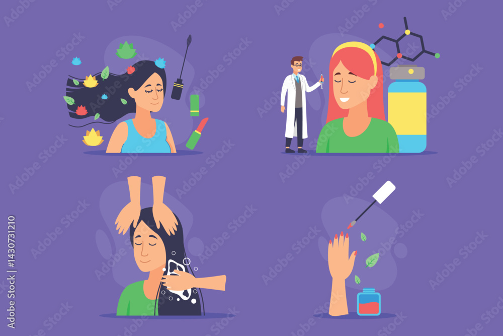 Women engaged in various beauty treatments, from hair washing to skincare routines. Doctor providing guidance on healthy practices. Self-care activities and wellness concept
