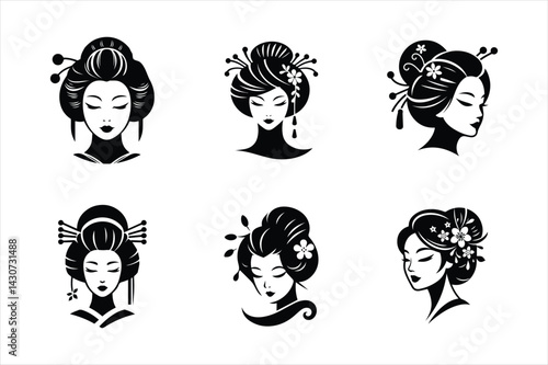 Classic Japanese woman with ornate hair style set  vector illustration