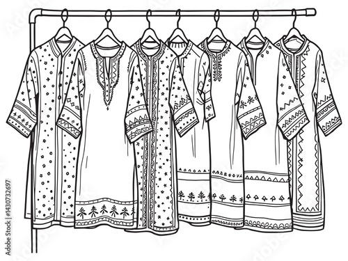 kurta line art elegant traditional outfit drawing with fine details