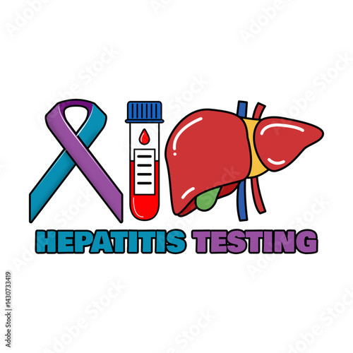 Hepatitis Testing Day to celebrate on May 19th. Two-color campaign ribbon with illustration of a blood tube and liver organ on white background. Health event banner.