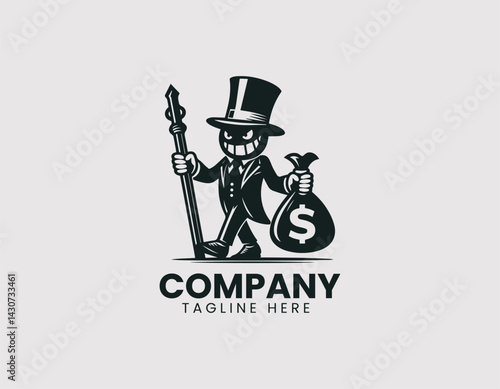 Greedy capitalist cartoon with top hat, money bag, and cane. Wealth and avarice concept.