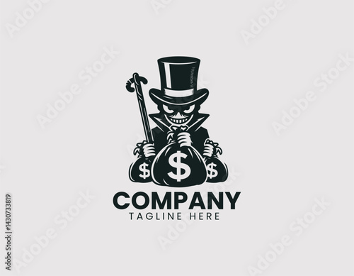 Greedy capitalist cartoon with top hat, money bag, and cane. Wealth and avarice concept.