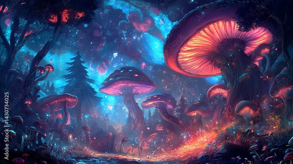 Beautiful mushrooms with bright pink and orange caps in glowing light image Beautiful mushrooms with bright pink and orange caps in glowing light image
