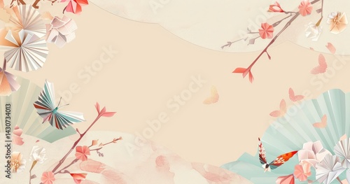 A4 size vertical screen, background image with flat origami motif, soft and pale color, Japanese image, center left open for advertising space. Vector image