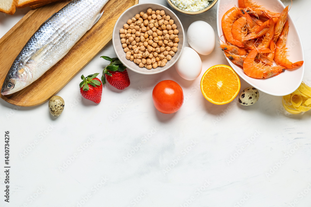 Different products on white background. Food Allergy Awareness Month Different products on white background. Food Allergy Awareness Month