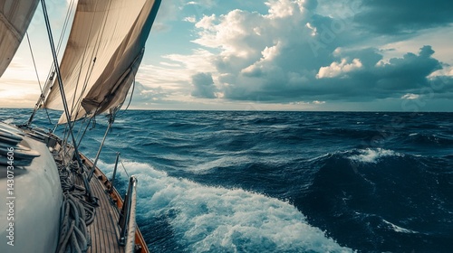 Sailing on ocean, with cloudy sky, boat's side in view, and foamy waves