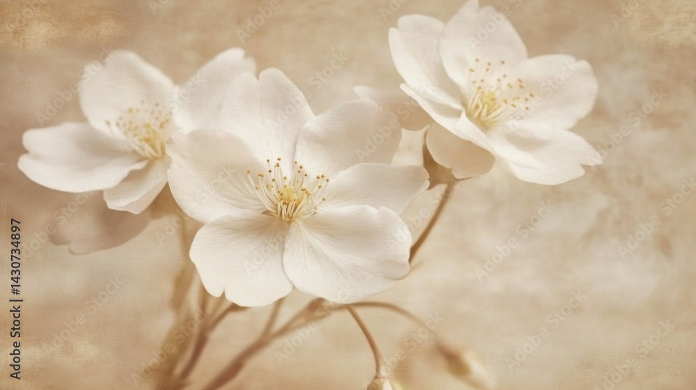 Fototapeta premium Delicate bouquet of pale white blossoms against a sepia backdrop.