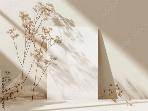 A5 blank card mockup with a beige background, soft light and shadow, minimal boho style decoration featuring dried flowers and plants