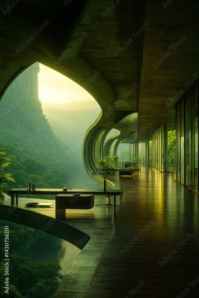 futuristic luxury building, sunset over the rainforest river, modern organic green eco architecture concept, exotic fantasy landscape