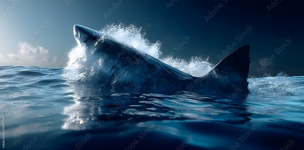 Fototapeta premium Huge shark fin breaking surface of the ocean water , aquatic animals, underwater scene, sharks