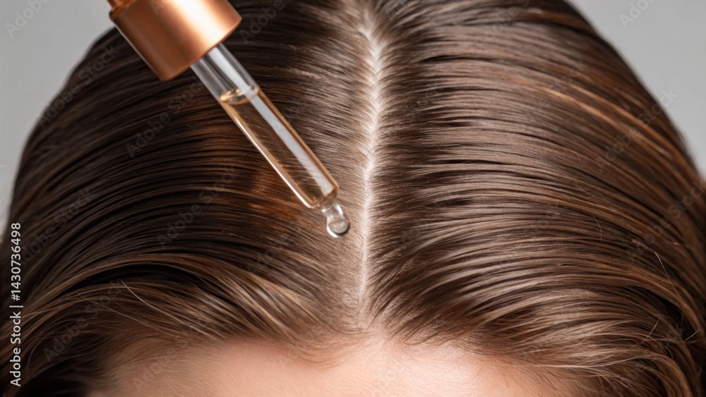 Obraz premium A dropper releasing a serum onto a person's hairline, highlighting hair care and beauty treatment.