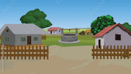 A Peaceful Village Scene with Houses, Well, and Green Field.Rural village background illustration