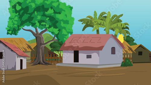 Rural village landscape with houses with thatched roofs, trees, and hills under a blue sky.Indian village background 