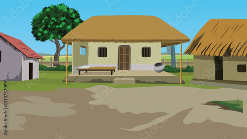 Rural Indian house yard vector illustration.Asian home landscape for cartoon animation