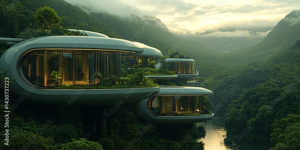 futuristic luxury building, sunset over the rainforest river, modern organic green eco architecture concept, exotic fantasy landscape