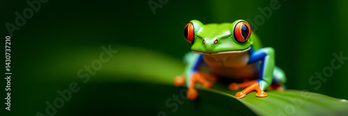 colorful frog on a leaf, close up of a rainforest amphibian