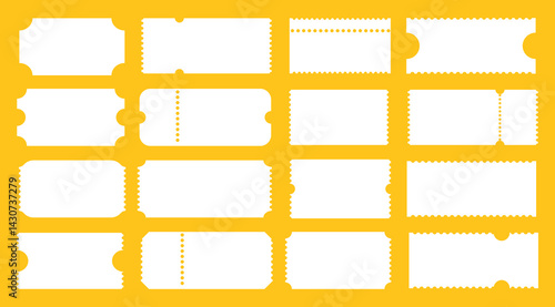 Admit one tickets mockup. Empty flat template. Boarding blanks, lottery, sale minimal coupons. Ticket pattern for cinema, circus, theater, festival, casino, club. Blanks white color backgrounds layout