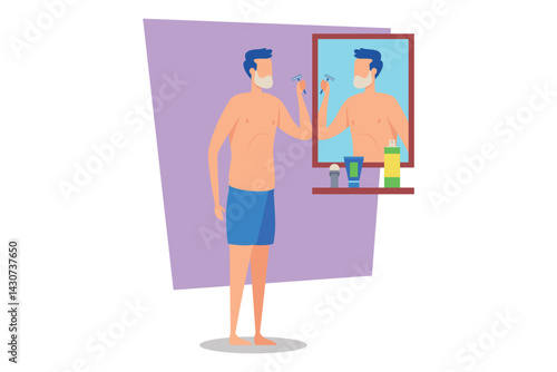 Man standing shirtless in front of mirror, carefully shaving his face. Various grooming products neatly arranged on shelf. Morning routine concept