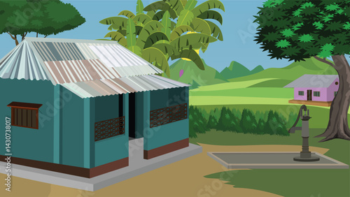 An Indian rural house with a tin roof. Vector illustration of a countryside farmer house yard for cartoon animation