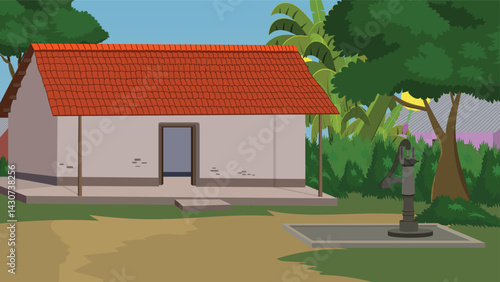 Rural house vector illustration for cartoon animation.Countryside house with a red thatched roof