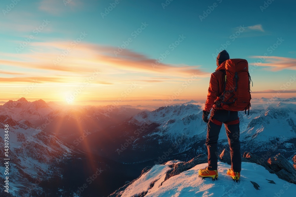 Adventurer standing on a snowy peak at sunrise overlooking a breathtaking mountain landscape Adventurer standing on a snowy peak at sunrise overlooking a breathtaking mountain landscape