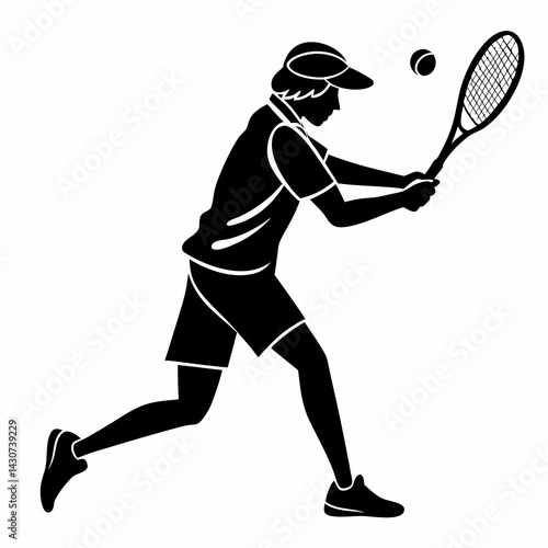 Tennis Player Silhouette Practicing Forehand Stroke With Racket And Ball Illustration