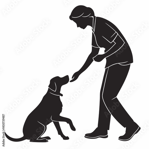 Vet Doctor Giving Treat To Dog Silhouette Vector Illustration Design