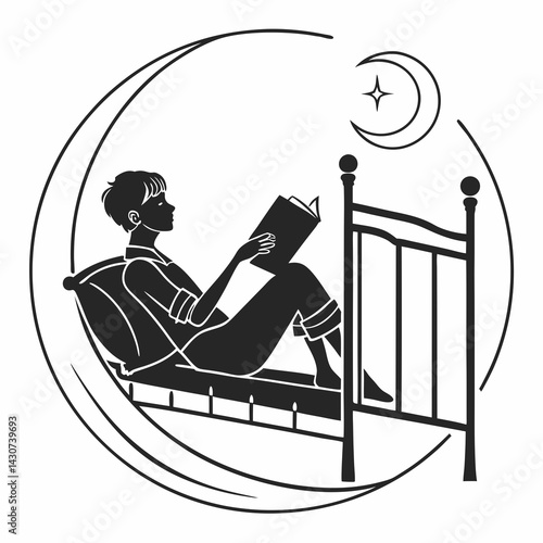 Boy Reading Book In Bed At Night Under Crescent Moon And Star