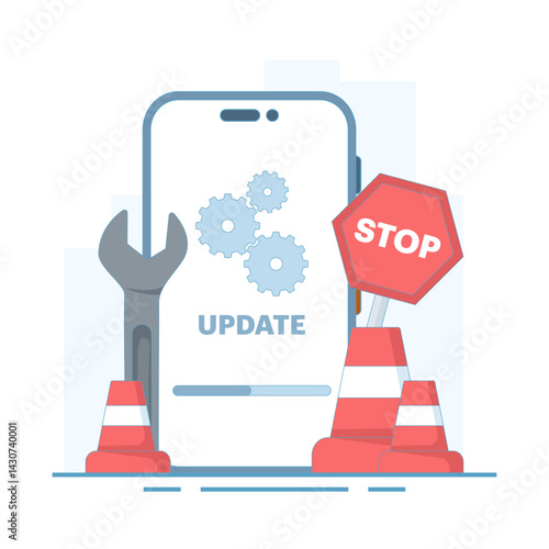 System update concept, smartphone software update screen, System maintenance, software installation process, operating system. Software update and installation program. Flat design illustration.